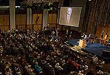 Crowd of people in the Great Hall of Parliament House listening to Kevin Rudd